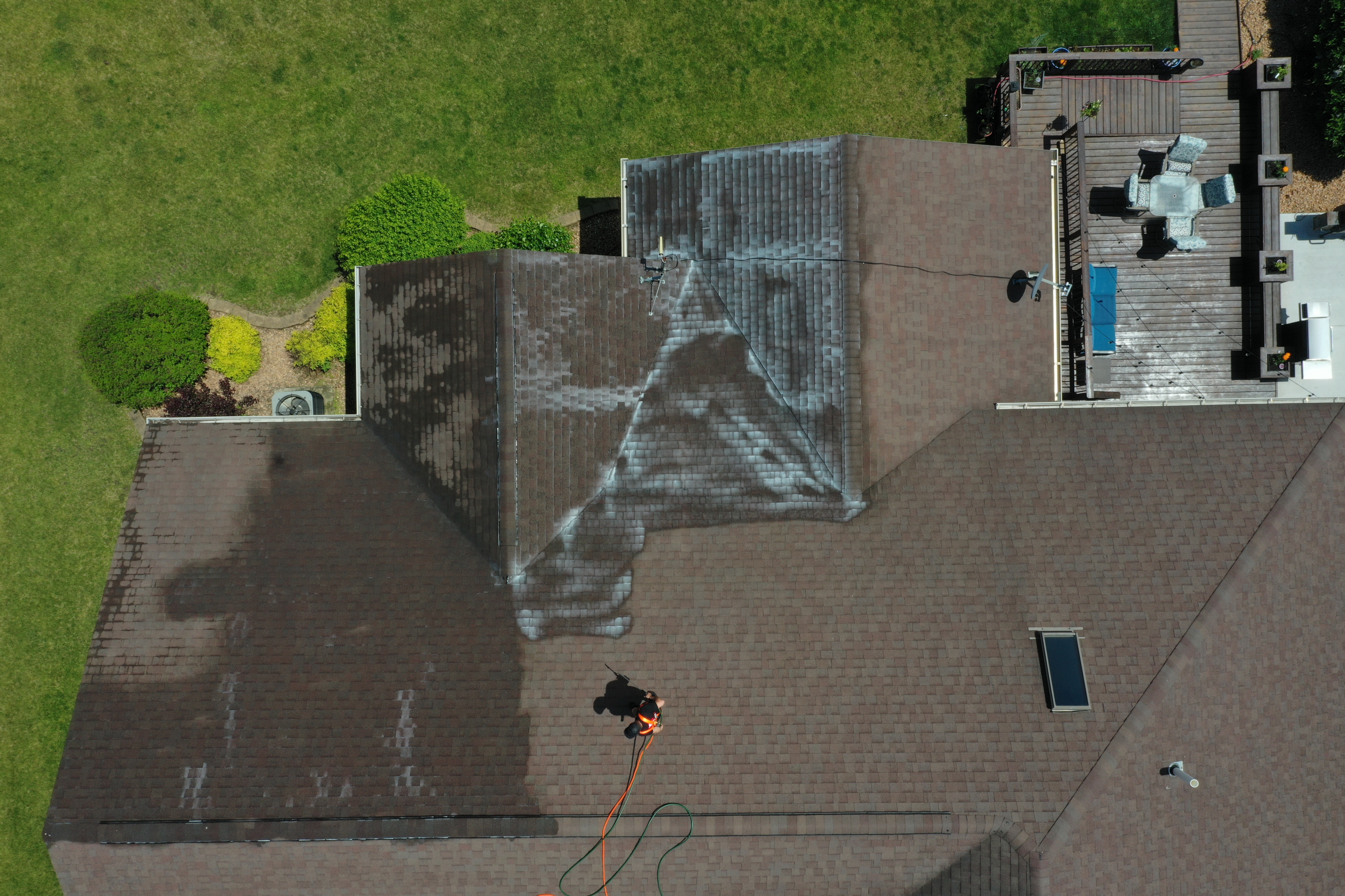 Drone overview of residential roof assessment