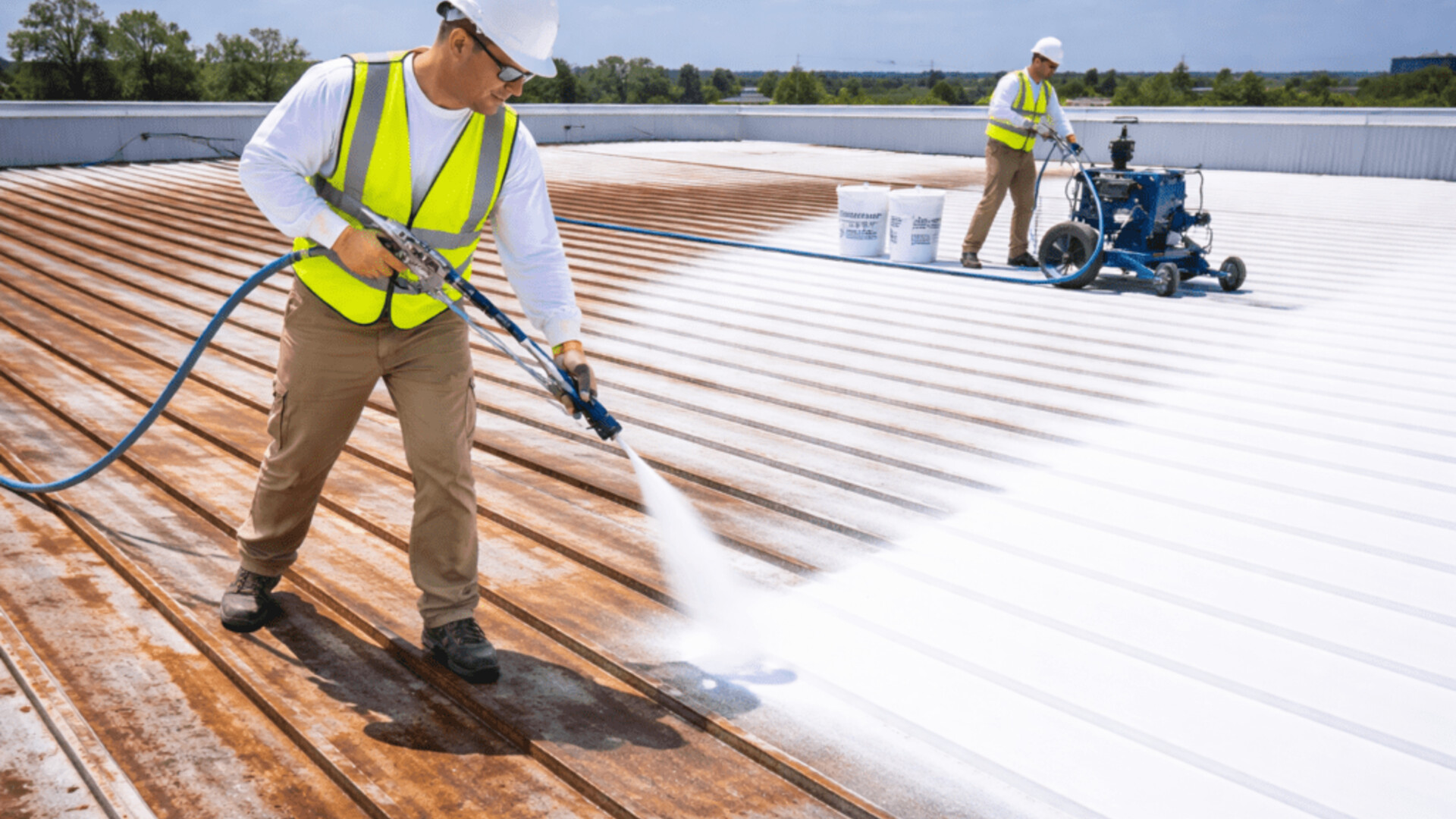 Professional spraying coating onto metal roof panels